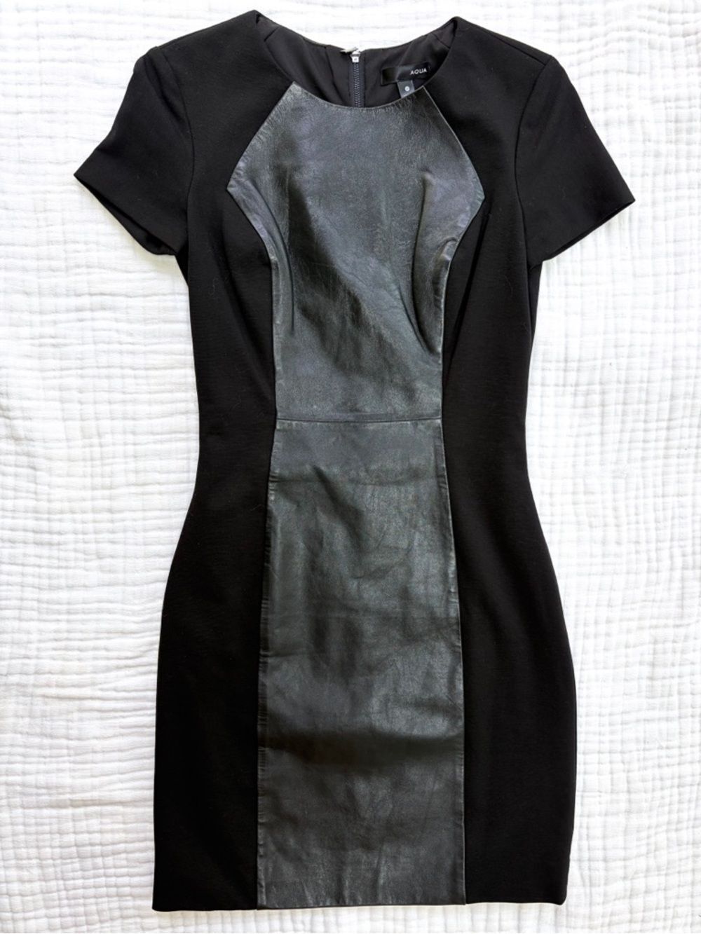 AQUA Leather Panel Dress XS Black Bodycon Mini Mixed Media Sheath